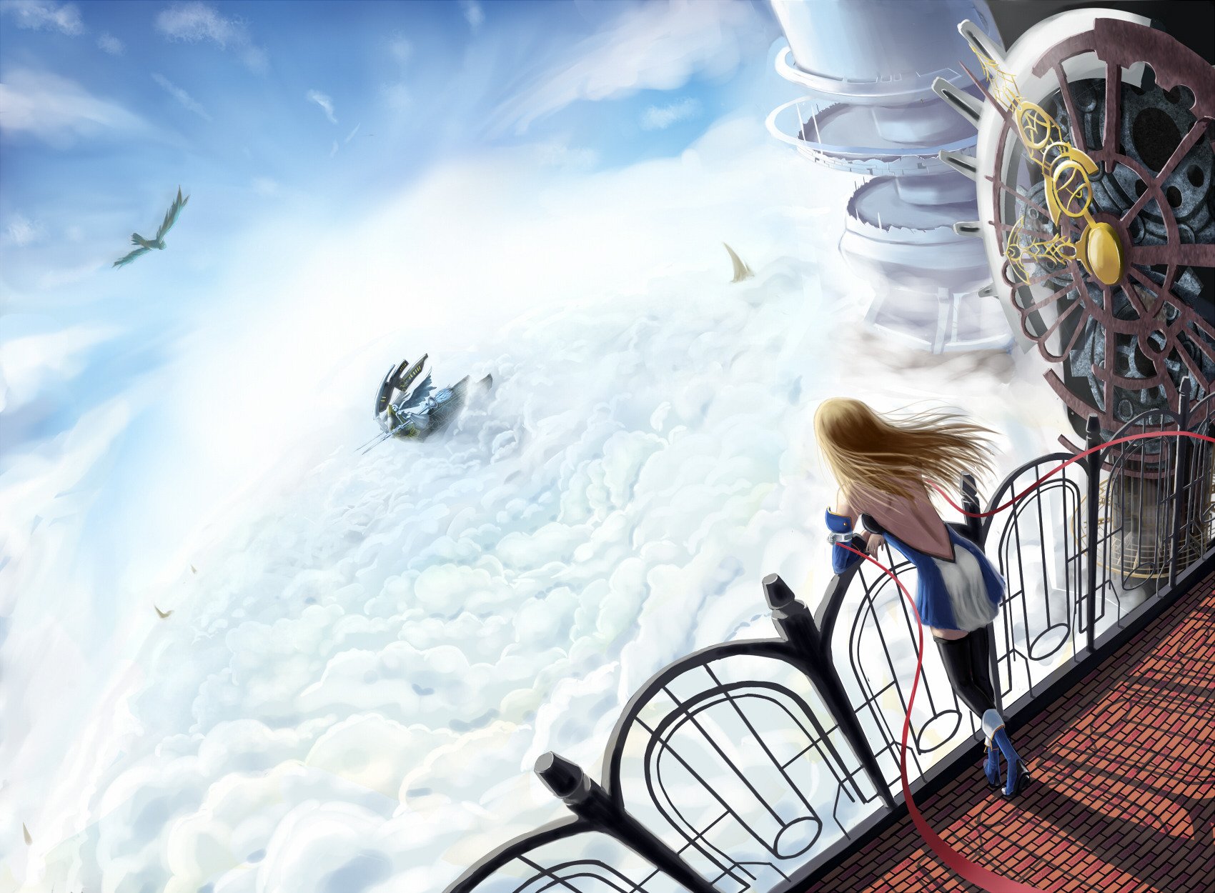 blazblue machine girl blonde developing hair ship above the cloud