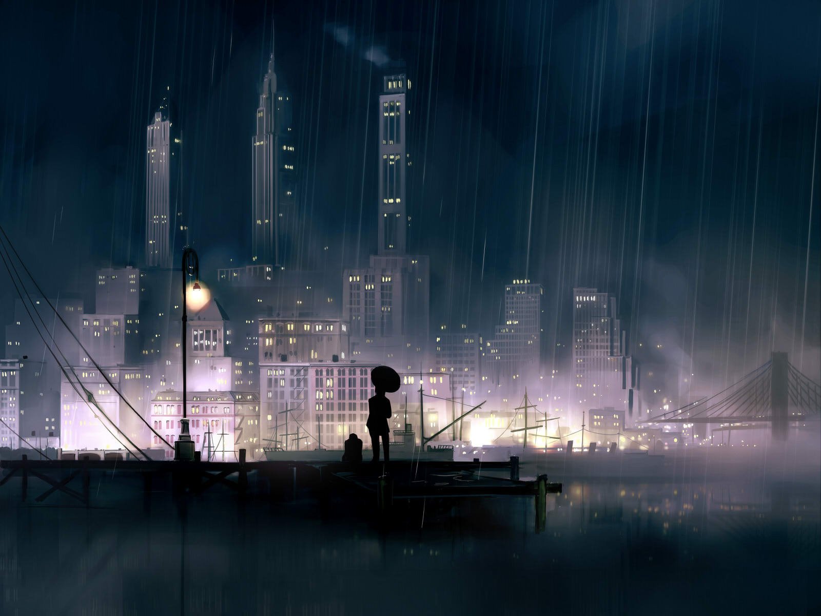 anime night rain town lights embankment pier