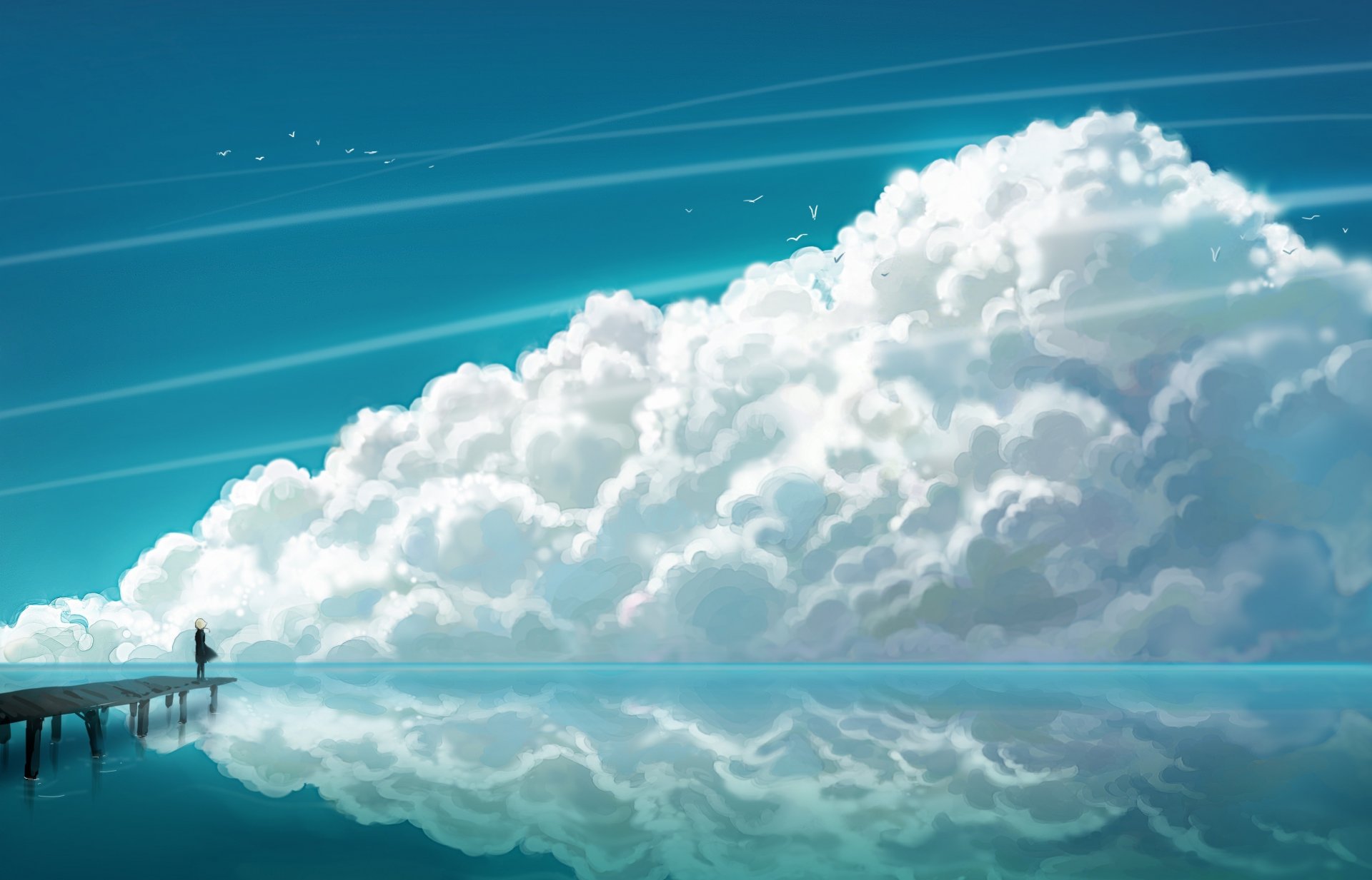 anime girl sea clouds gull