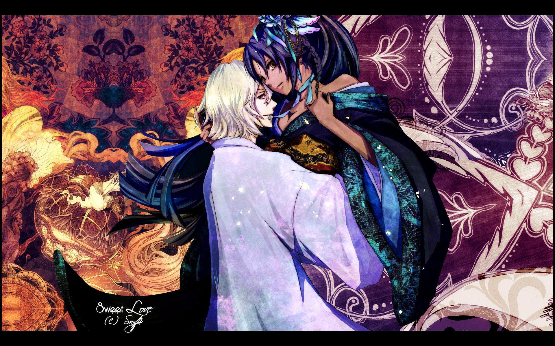 bleach shihouin yoruichi kisuke urahara bleach two kimono patterns flowers hug