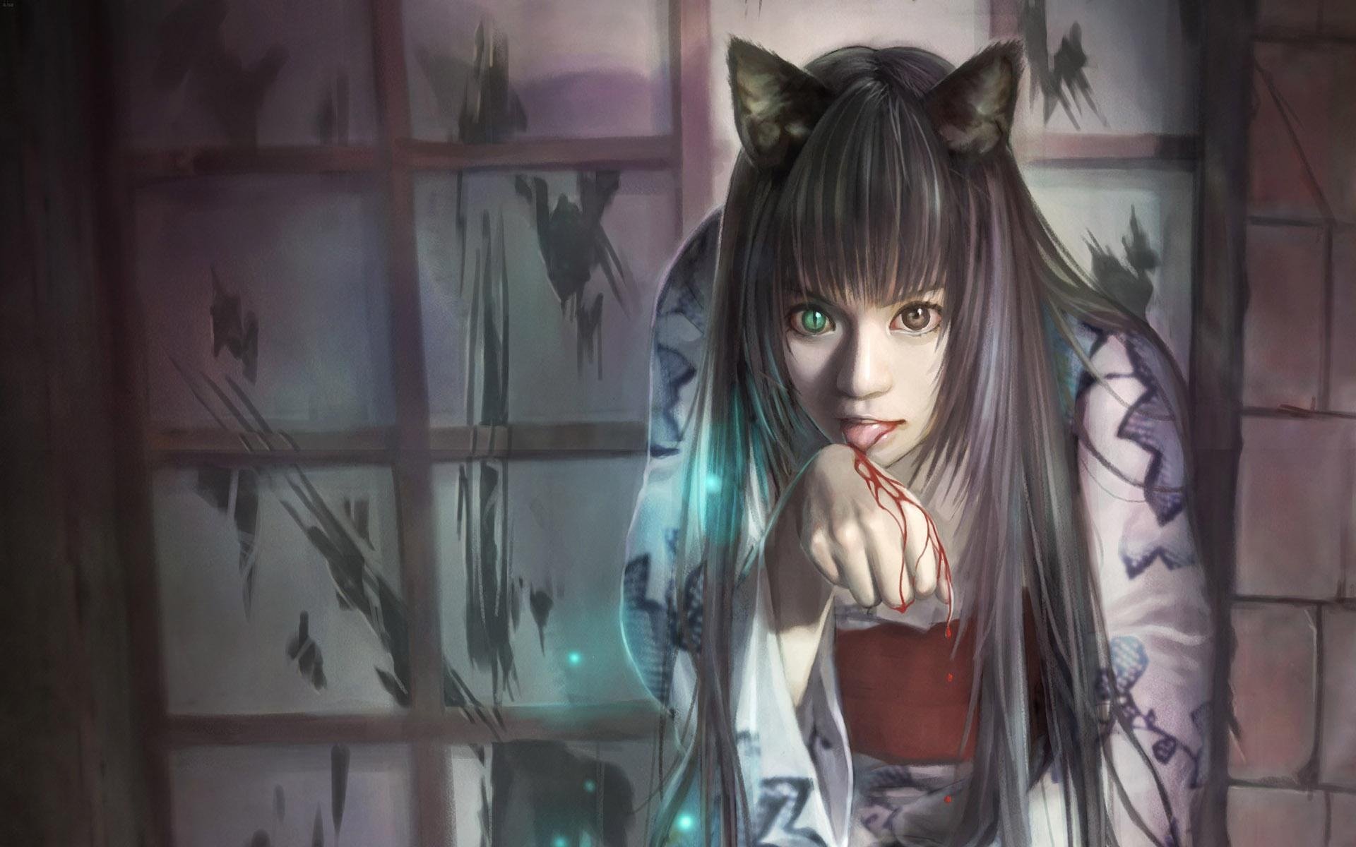 sono lin chen arte ragazza neko sangue orecchie sguardo