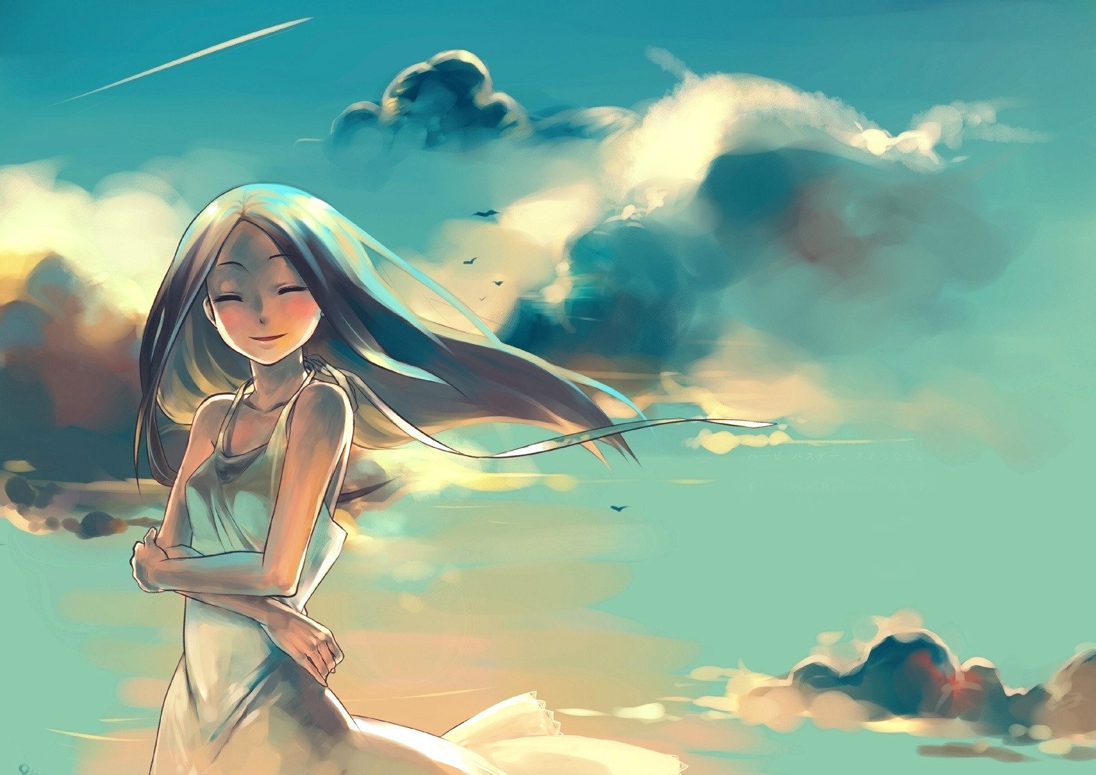 anime girl clouds sky dream sunset wind shooting star