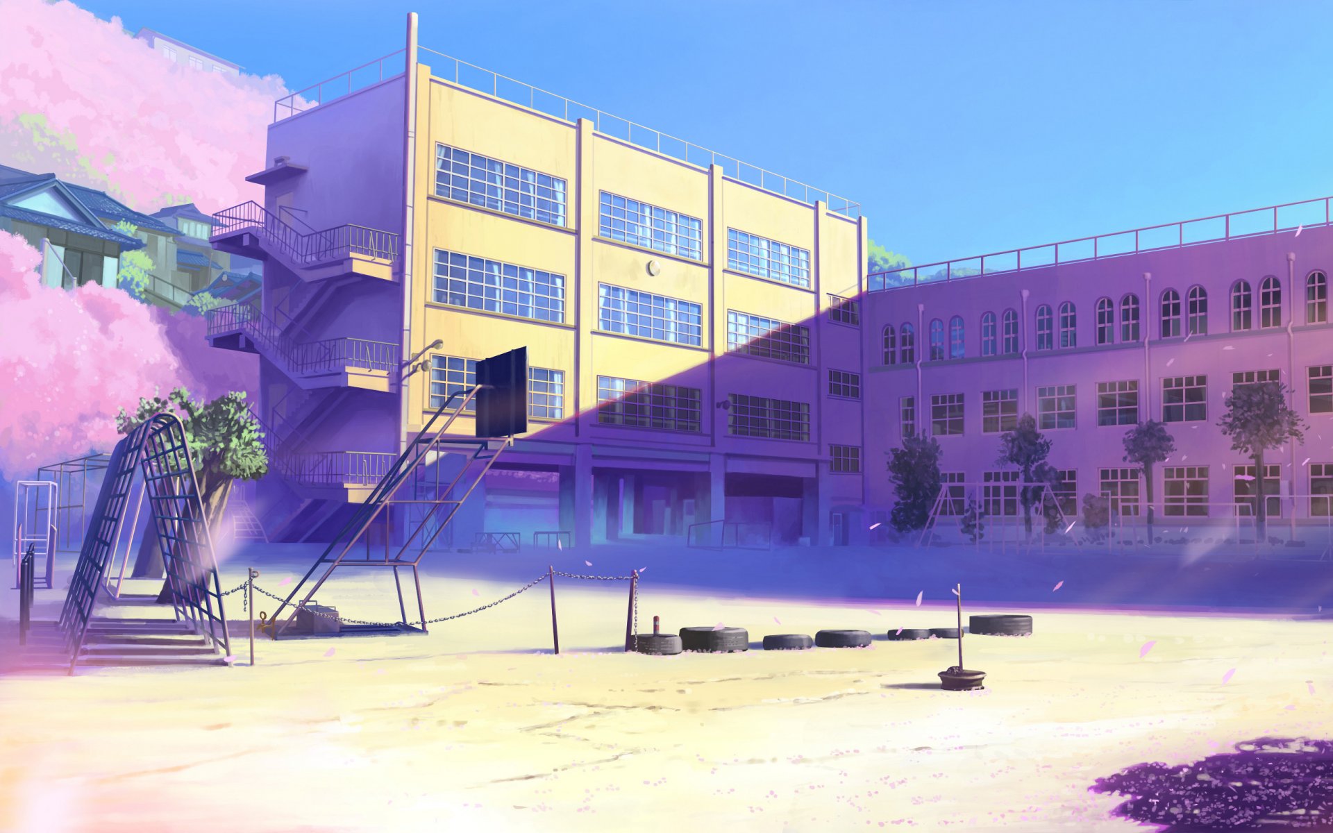 byousoku 5 centimetri cherry blossom giappone scuola 5 centimetri al secondo makoto shinkai edifici giappone scuola parco giochi di fiori di ciliegio rosa petali di arte