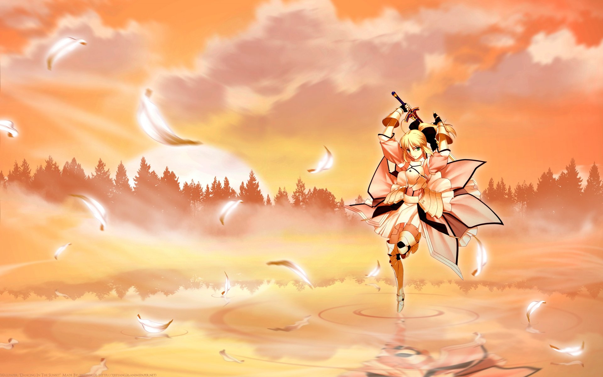 anime girl sword forest sunset