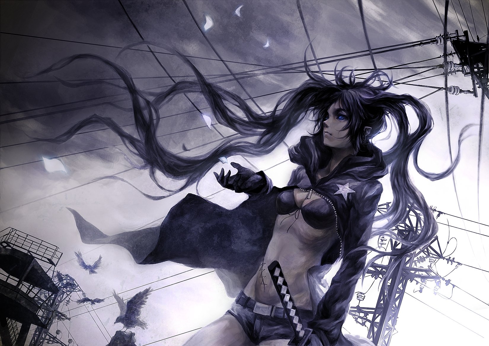 black rock shooter wind drähte vögel