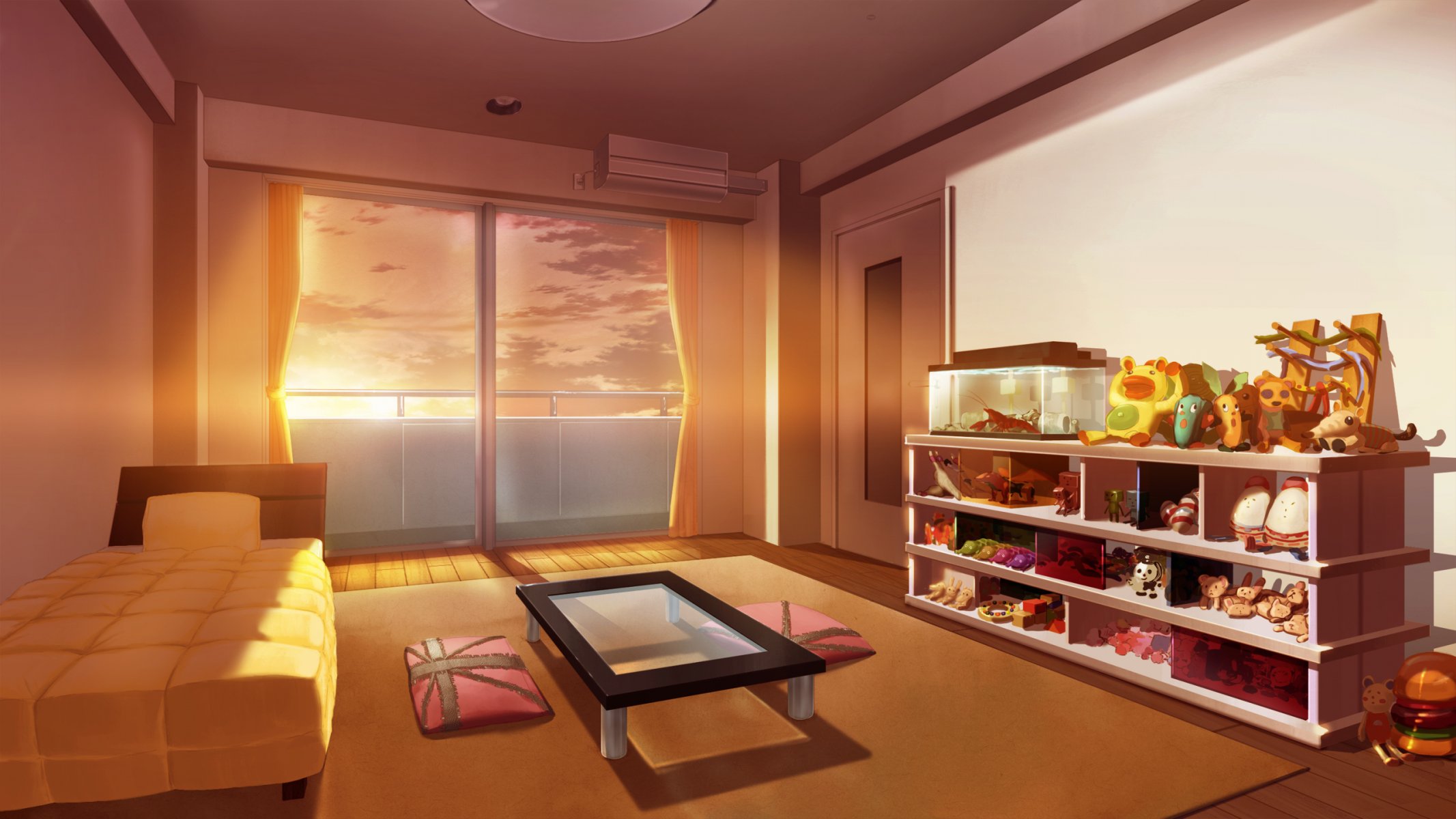 unshine in the morning early early morning dawn rays sun room bed table shelves toys danbo aquarium art