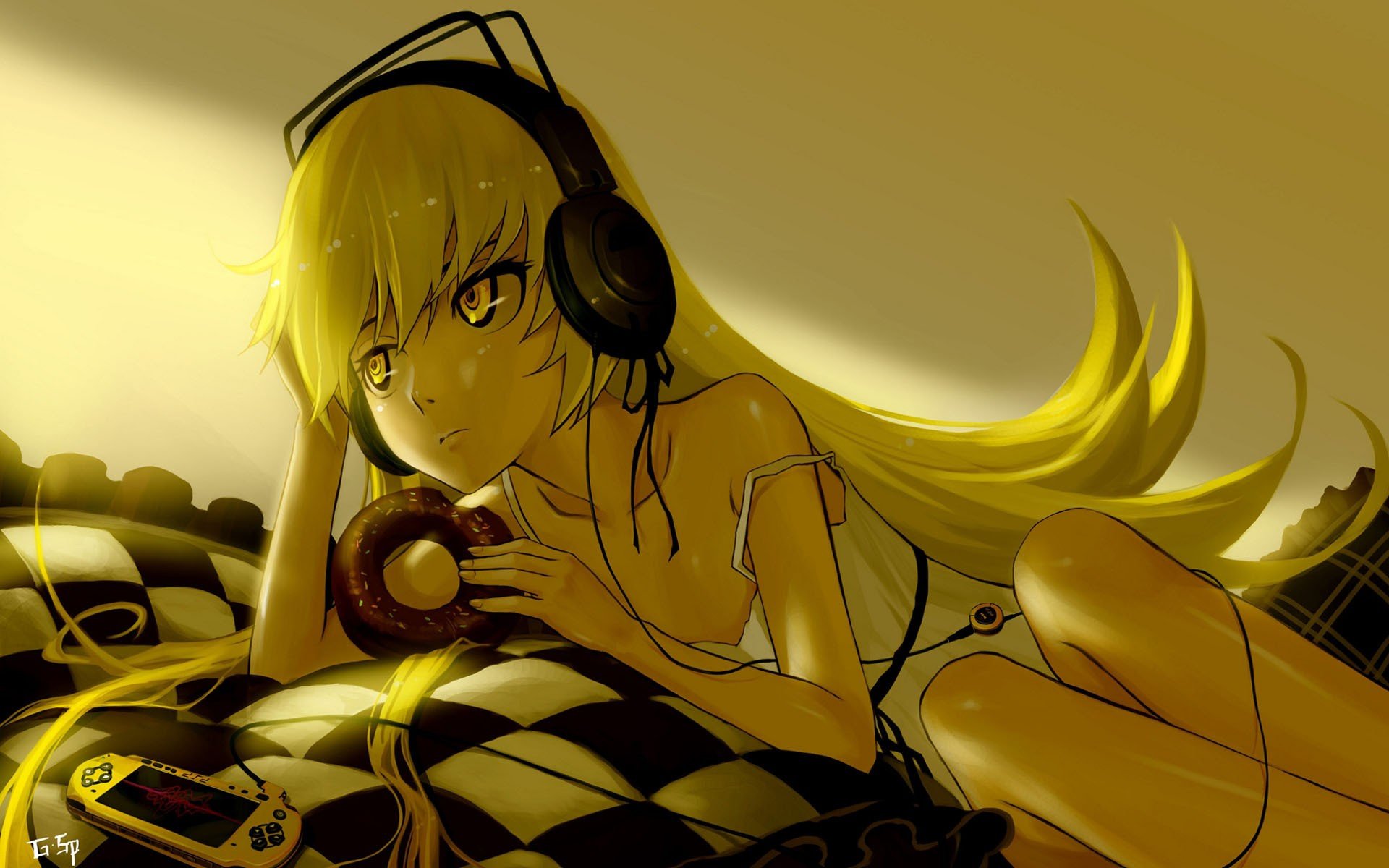 oshino shinobu chica mirada auriculares color amarillo