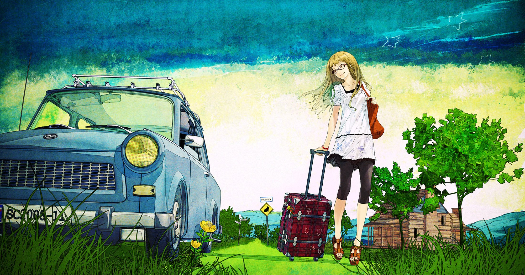 blonde avec valise fille valise été arbres campagne route vieux voiture dessin art