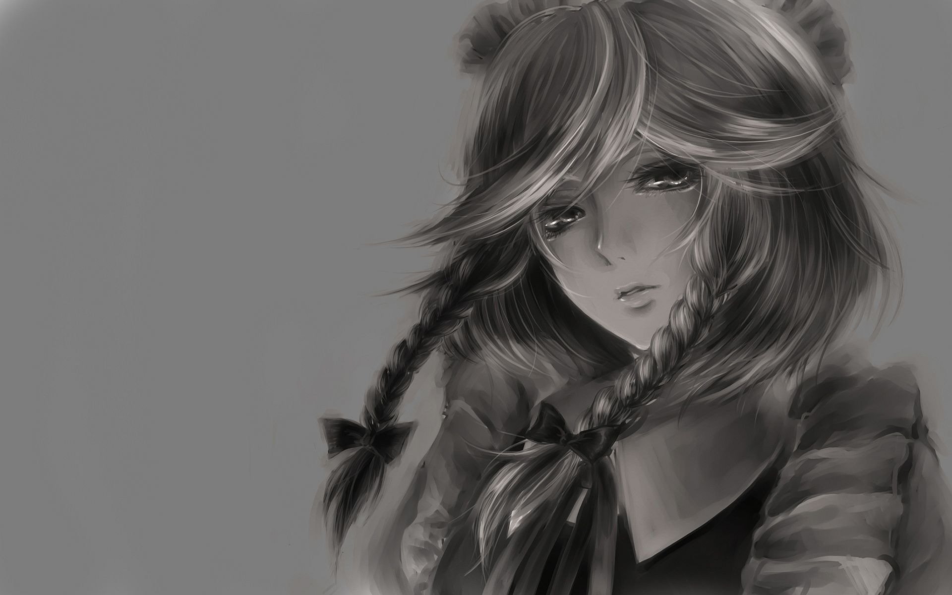 anime chica trenzas cara mirada imagen b / w fondo papel pintado