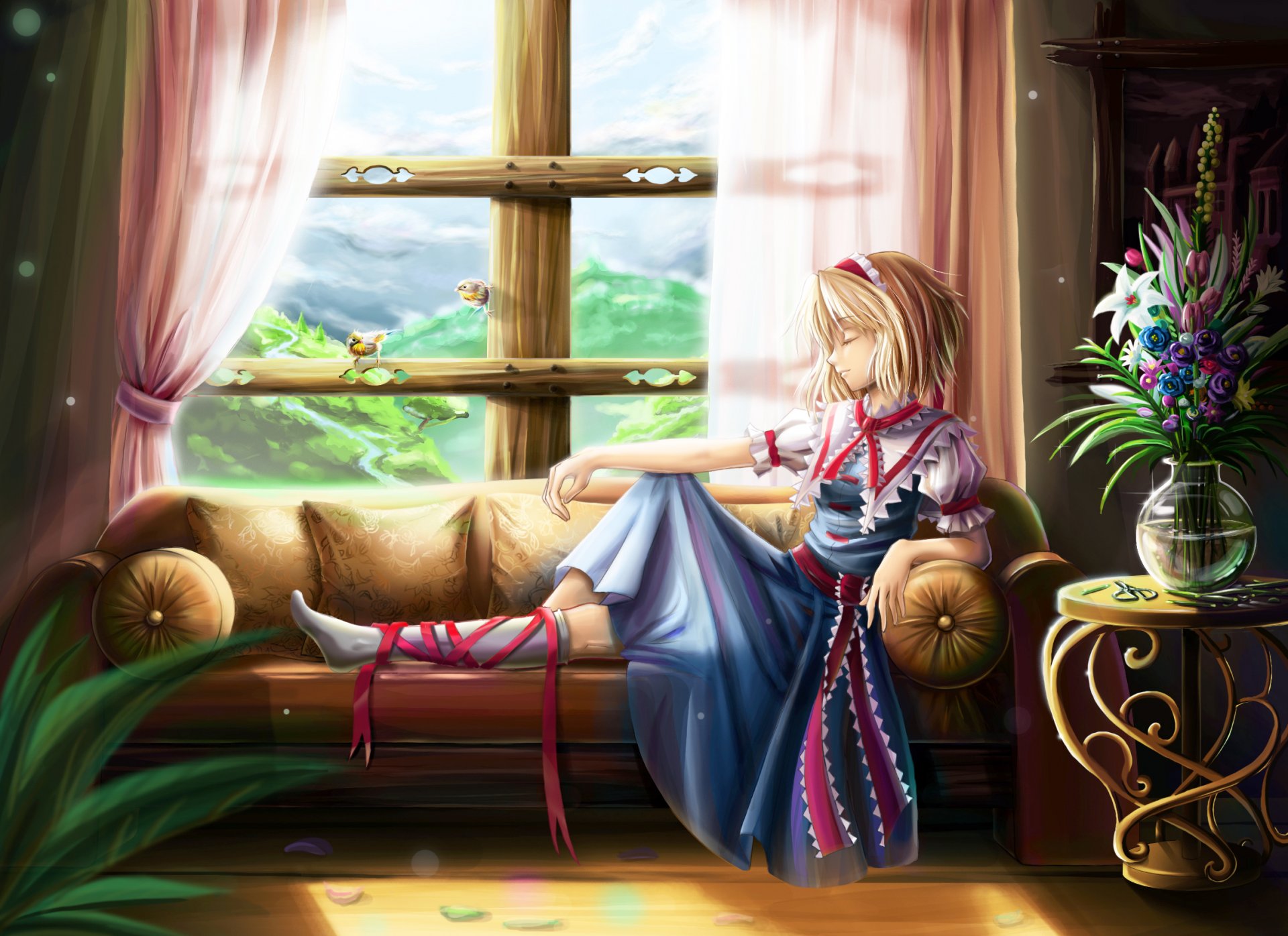 alice margatroid birds flower window sofa rest