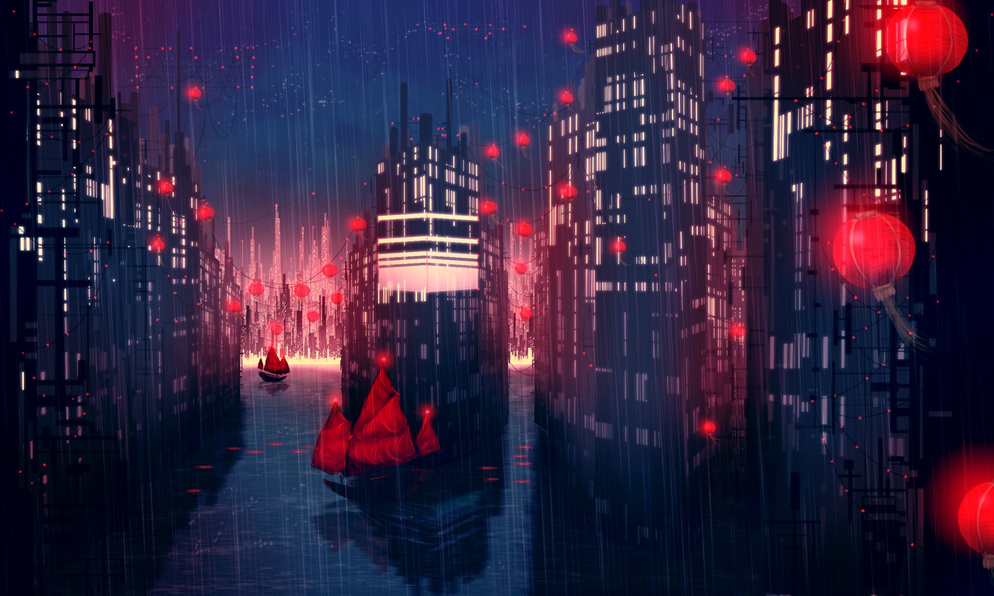 ciudad redlamp este ciudad noche torrencial lluvia rojo linternas barcos arte