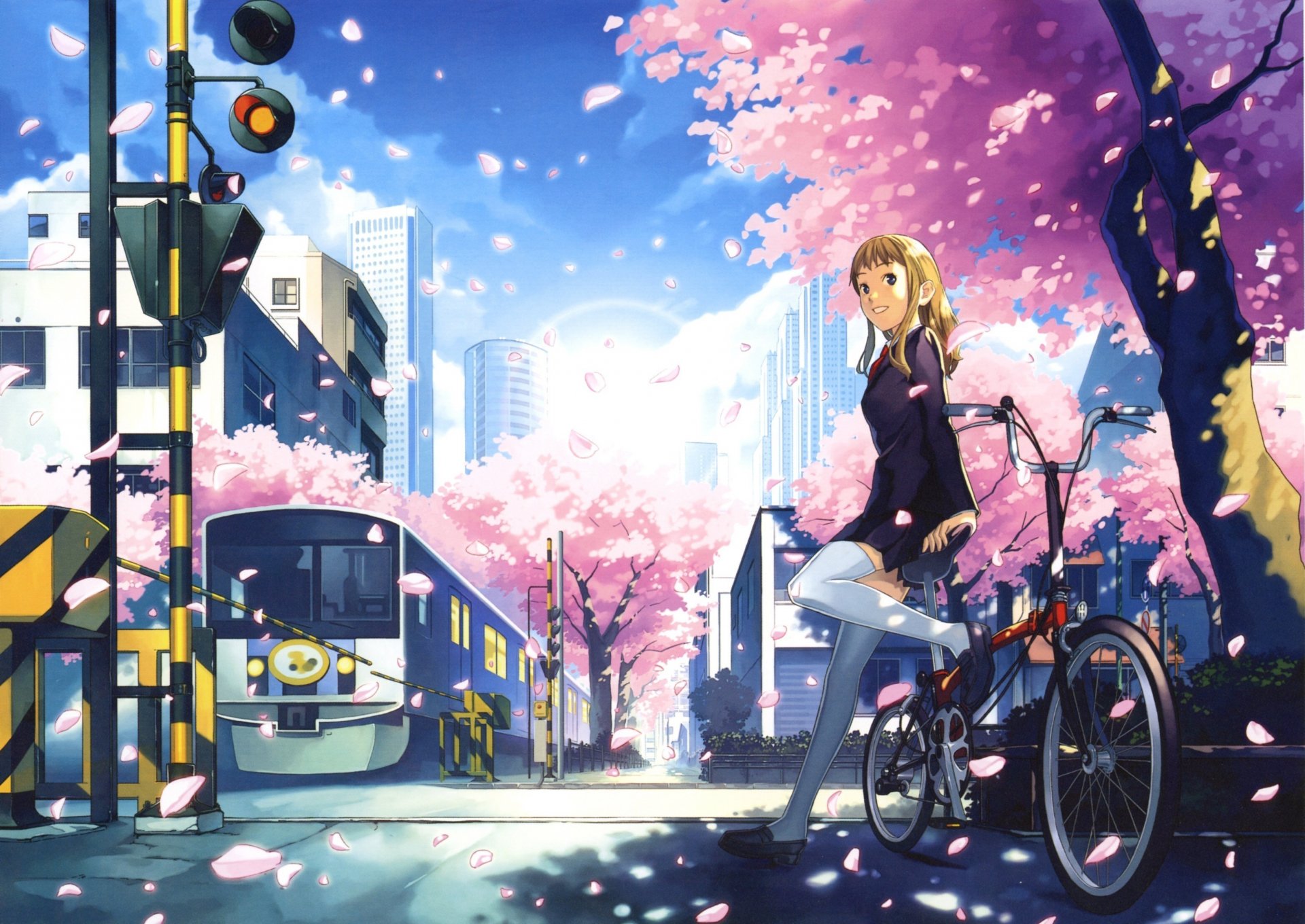 anime cinco centímetros por segundo sakura pétalos ferrocarril chica bicicleta ciudad