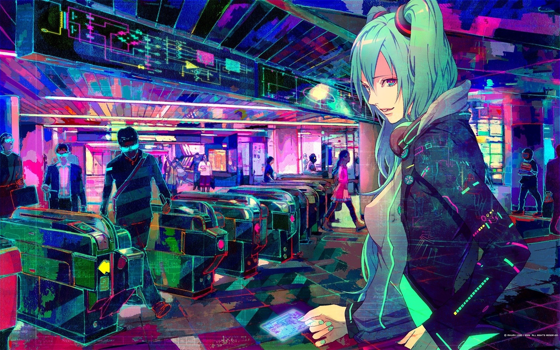 ubway girl man hatsune miku vocaloid vocaloid people card subway paints art