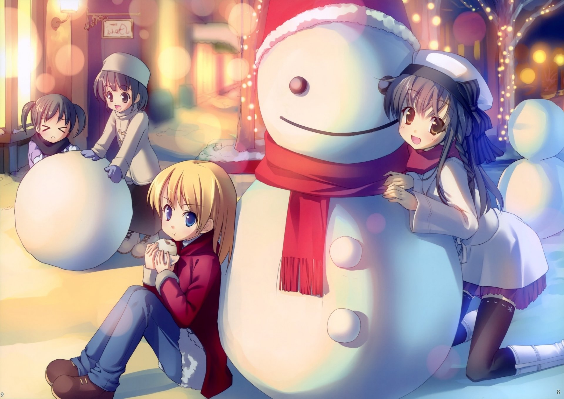 anime winter snowman friends mood