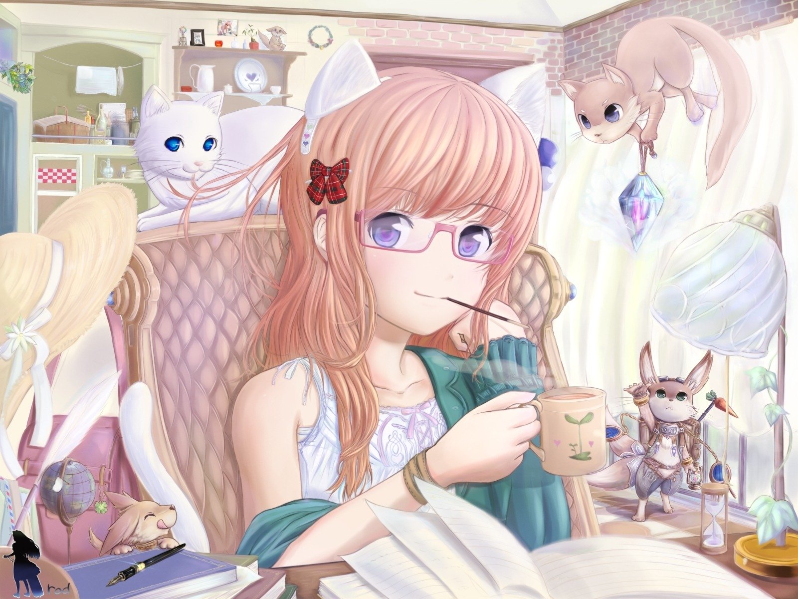 fille anime animaux chat chat neko oreilles arc lunettes lapin écureuil livre chapeau