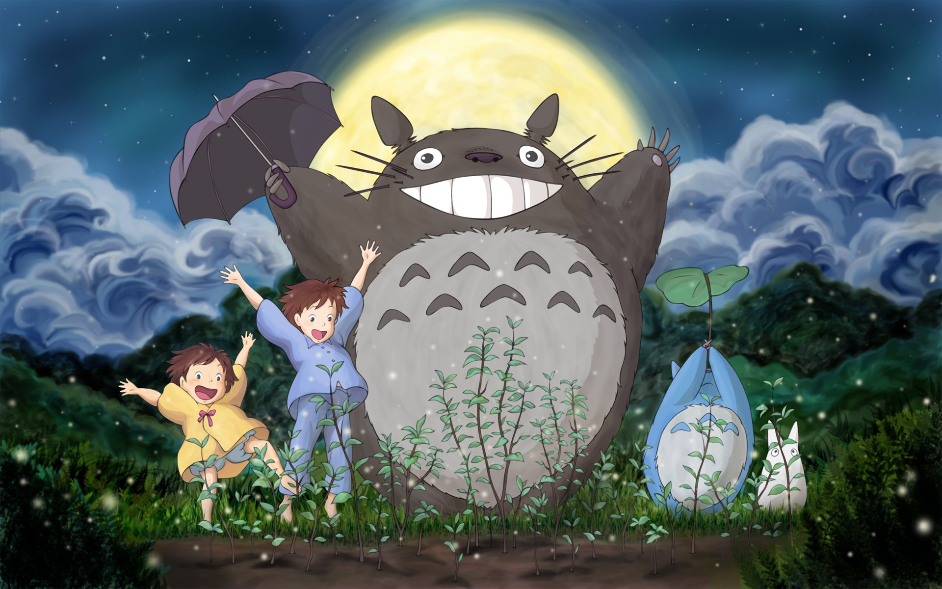 ghibli mon voisin totoro mei satsuki totoro forêt ciel lune herbe nuages hayao miyazaki