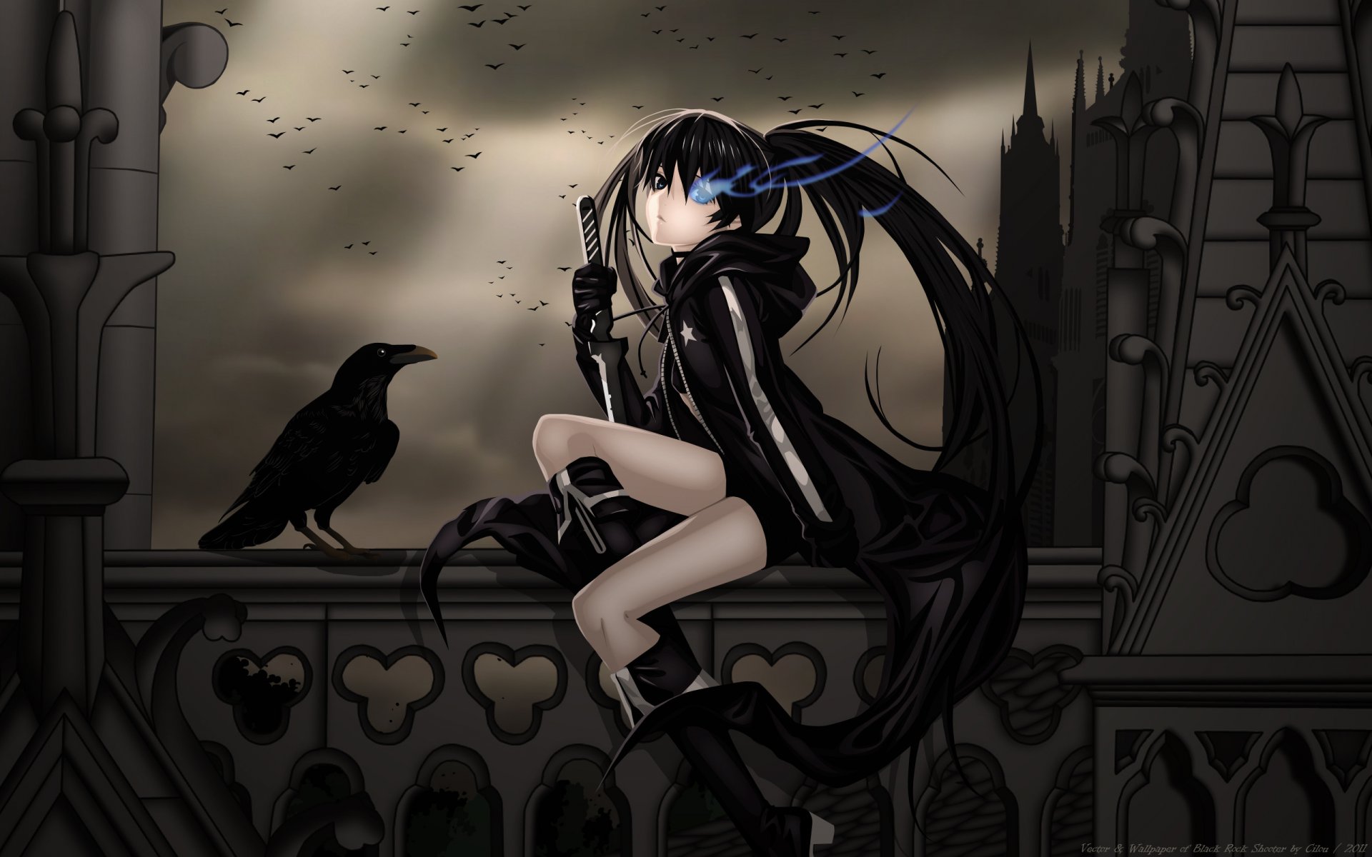 anime corbeau fille guerrier château nuit troupeau balcon nuages obscurité black rock shooter kuroi mato