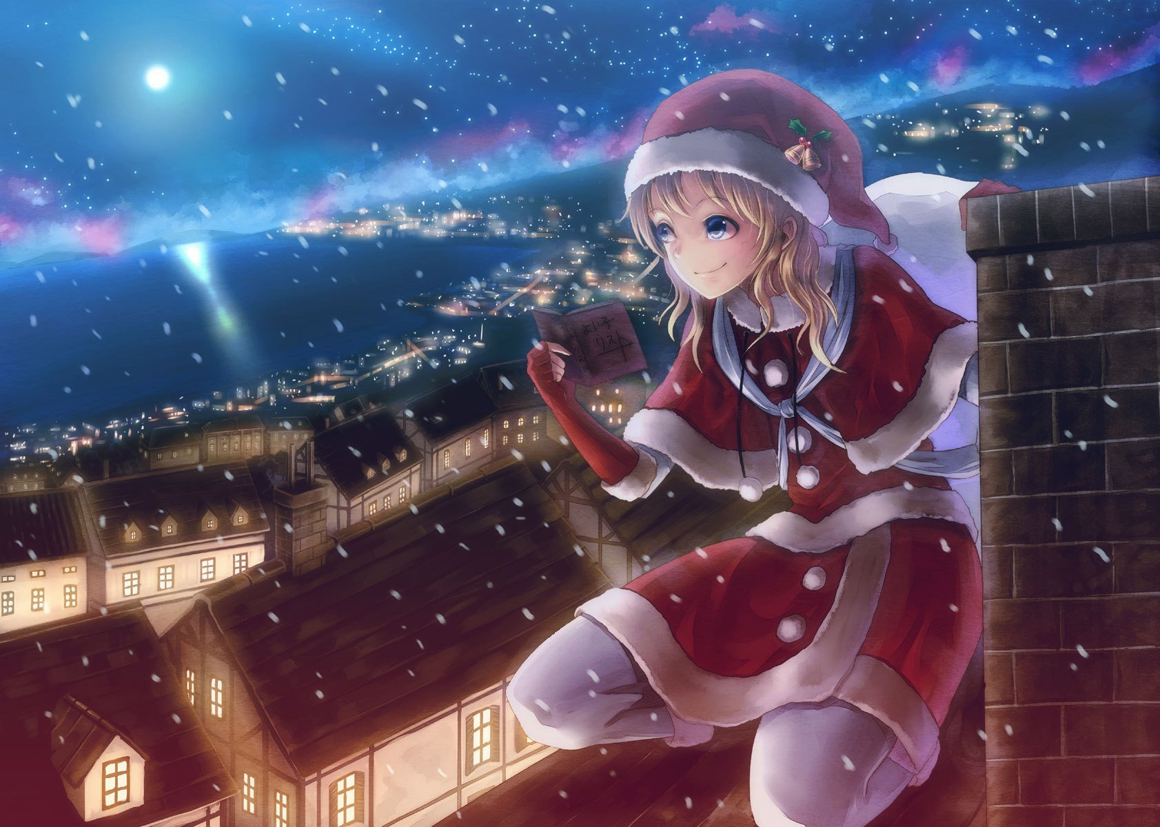 nuit vacances nouvel an toit trompette fille de neige ville lumières anime