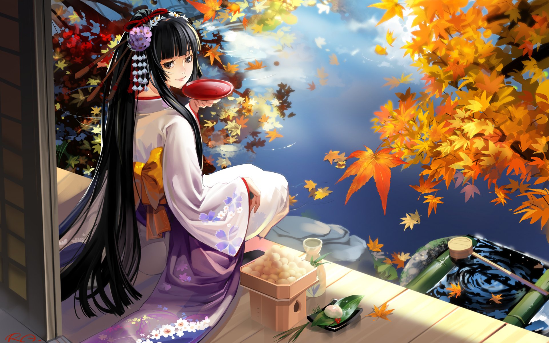 fille geisha lac automne