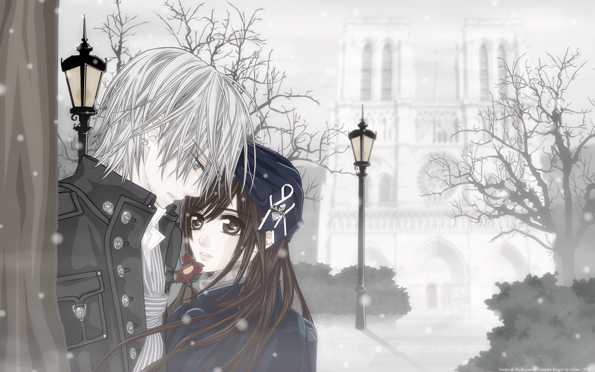 anime two guy girl date flower winter snow vampire