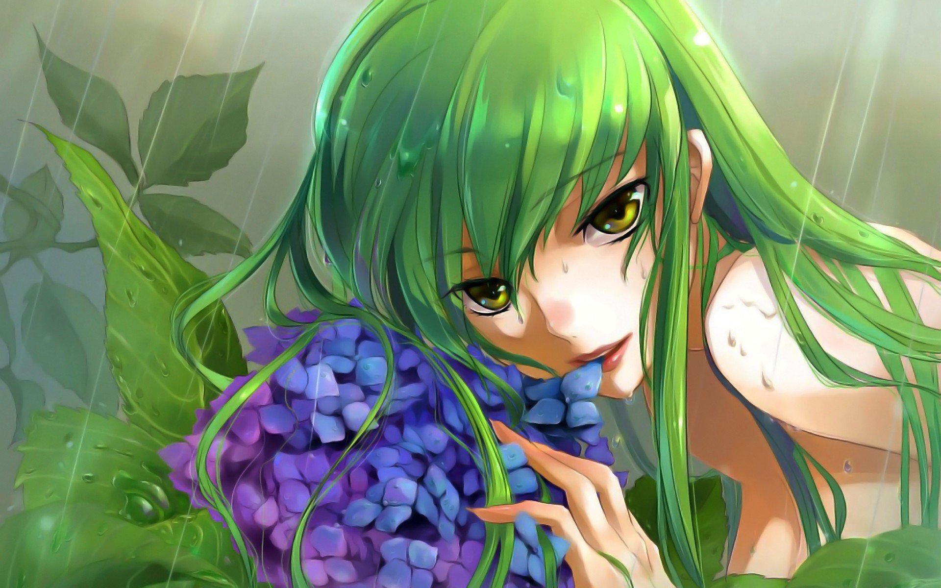 code geass girl flower rain hair