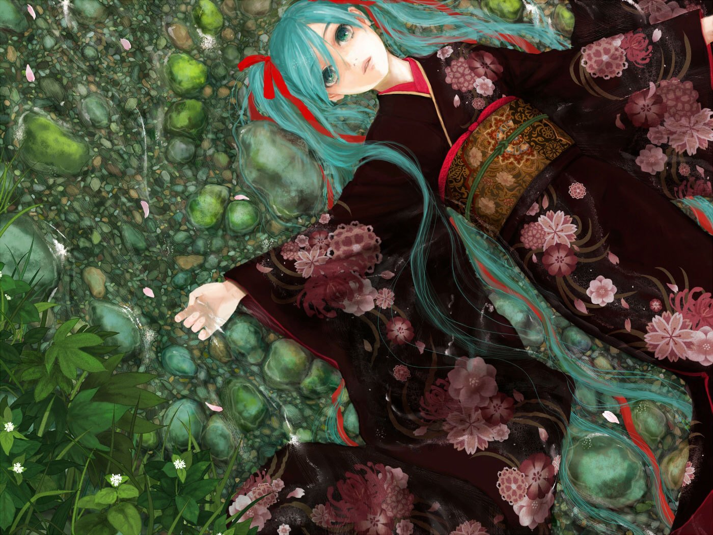 vocaloid fille ruisseau verdure