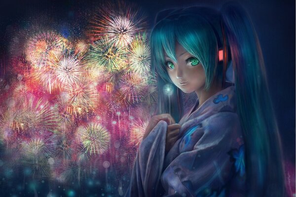 Anime Mädchen auf Feuerwerk Hintergrund