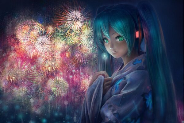 Anime girl on the background of fireworks