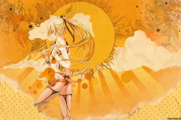 Catgirl sur l image du soleil jaune