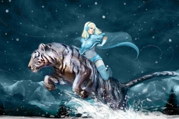 A girl in blue riding a white tiger