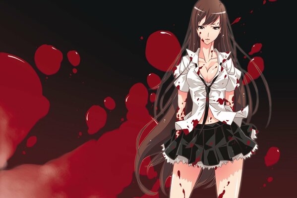 A long-haired girl in a white blouse and skirt against the background of drops of blood anime