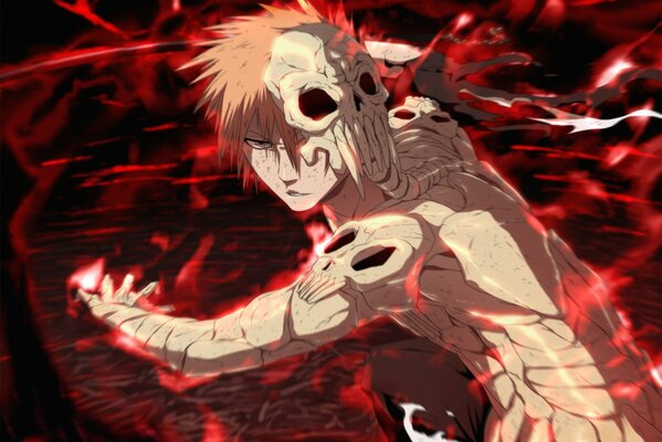Anime chico con el pelo rojo y calaveras en el cuerpo
