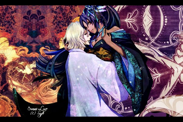 Dos en kimono se abrazan contra un telón de fondo de flores