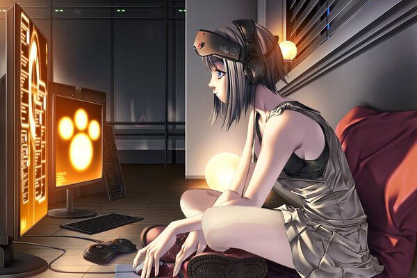 Art: a girl with headphones is sitting in front of a monitor