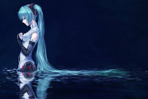 A beautiful girl with blue hair is standing in the water