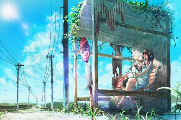 Anime girls are sitting at a bus stop in the summer