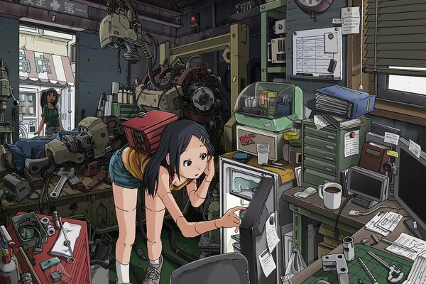 Anime drawing of two girls in a garage with lots of details