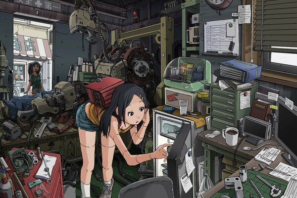 Аниме рисунок двух девушек в гараже с множеством деталей