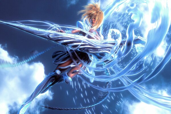 The art of anime. A girl with a sword in the sky