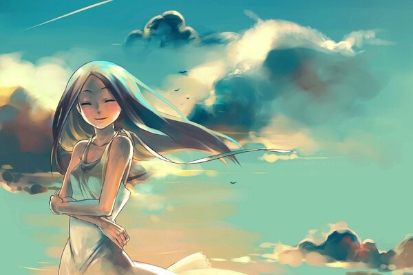 Anime girl dreaming at sunset