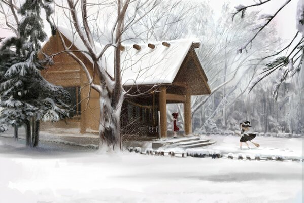 Рисунок с изображением двух девочек и дома на снегу