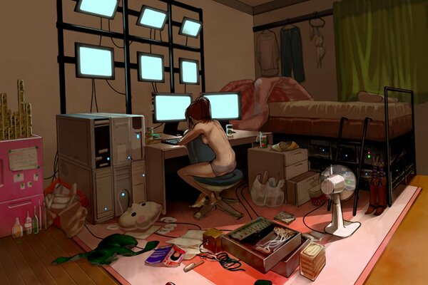 Hacker girl topless in a room with a server