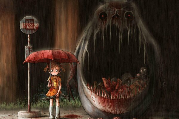 Horreur sur le thème de mon voisin Totoro. Le sang et la viande dans la gueule du monstre
