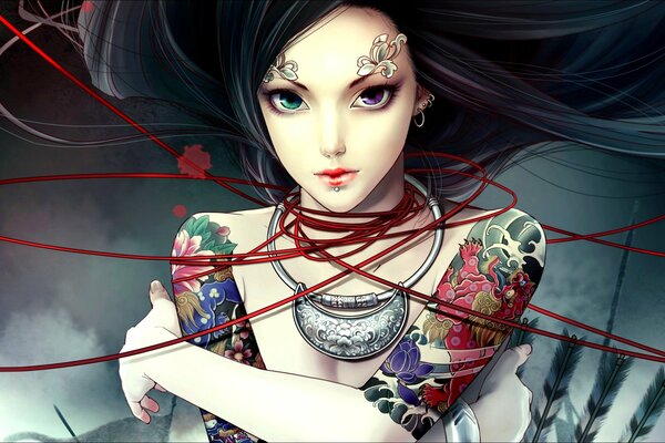 A fantasy image of a girl in tattoos