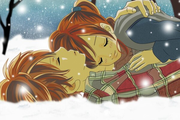 Drawing of a couple in love lying in the snow