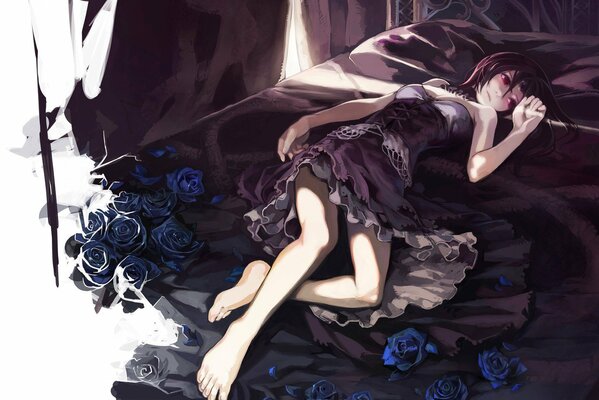 Аниме лежит на кровати в цветах