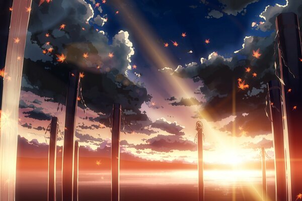 Anime wallpaper in the rays of sunset