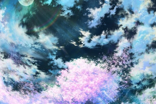 Перистые облака и цветущая сакура на фоне фантастической Луны и ночного неба