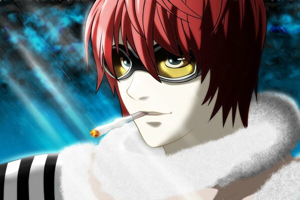 Personaje de anime Yagami Lite con un cigarrillo