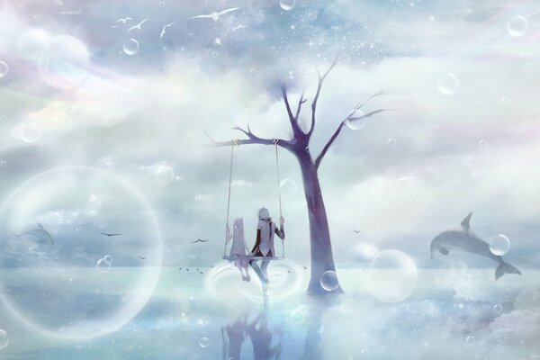 A fantasy image with a couple on a swing